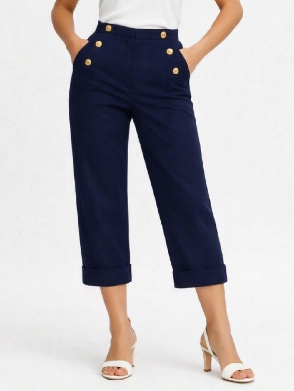 LOFT Navy Cropped Sailor Pants with Gold Buttons 6